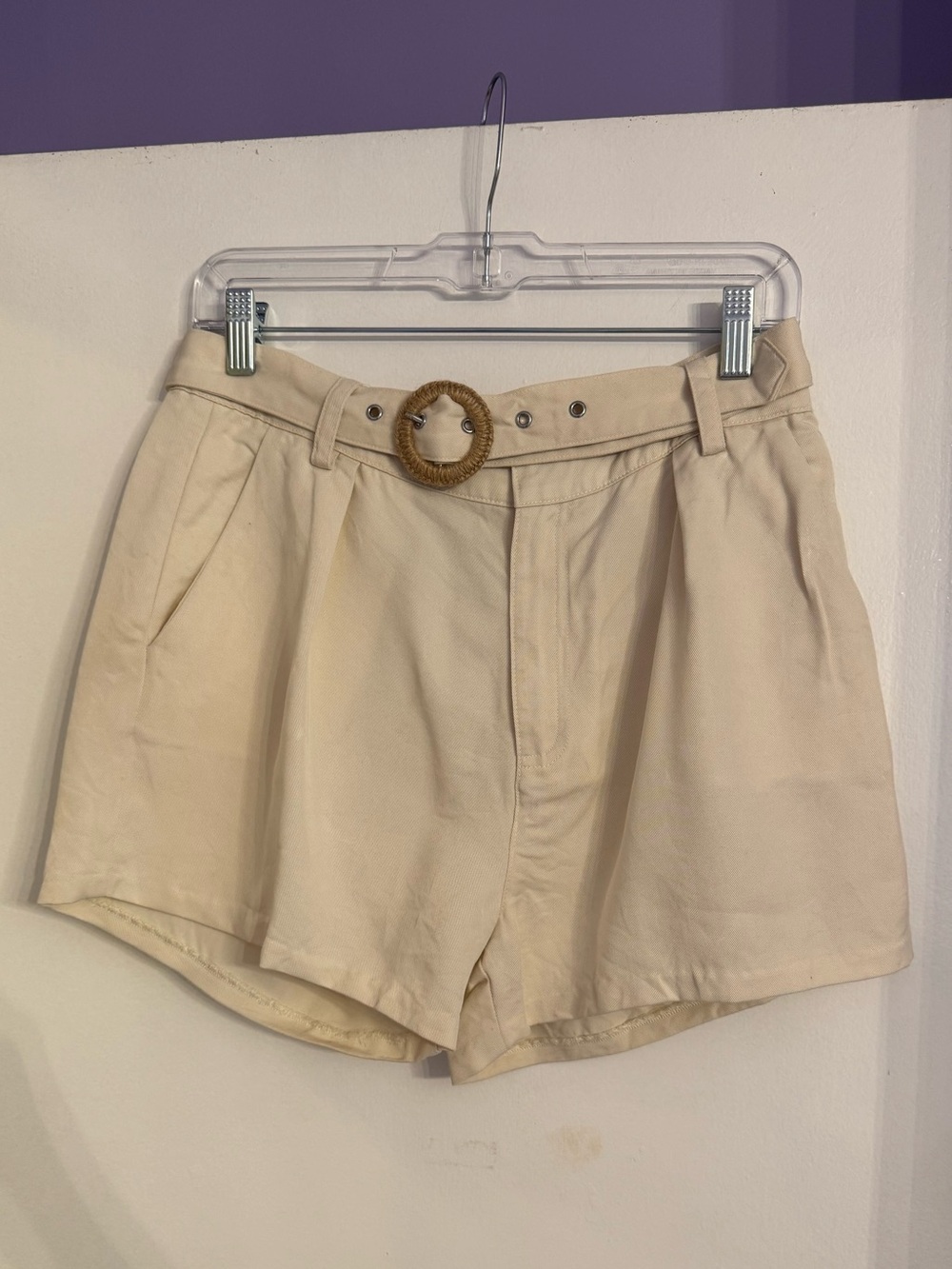 PAIGE Cream High-Waisted Pleated Shorts with Woven Belt
